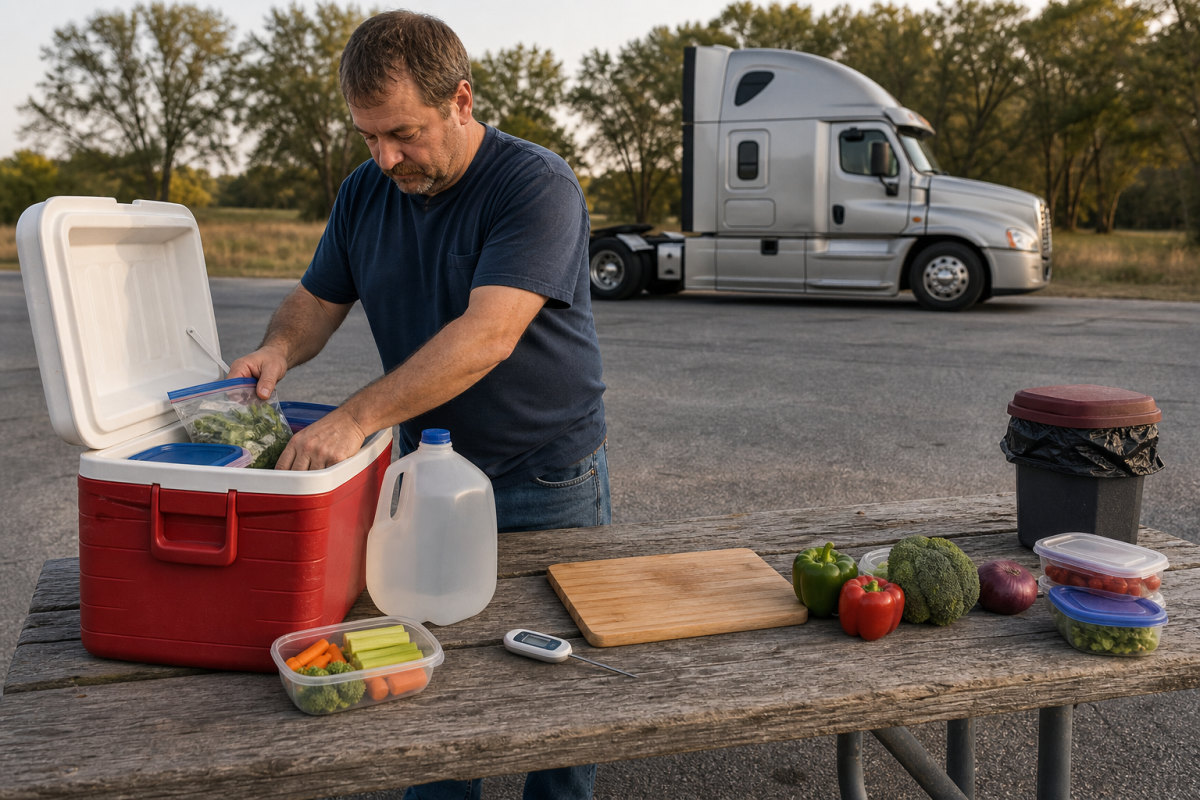 Driver organizing a cooler and road-kitchen supplies