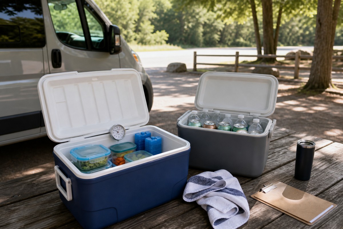Separate food and drink coolers in the shade